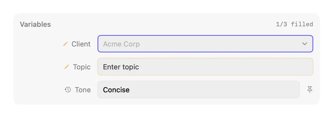 Docked variable form — ghost-text suggestion in a field (light appearance)