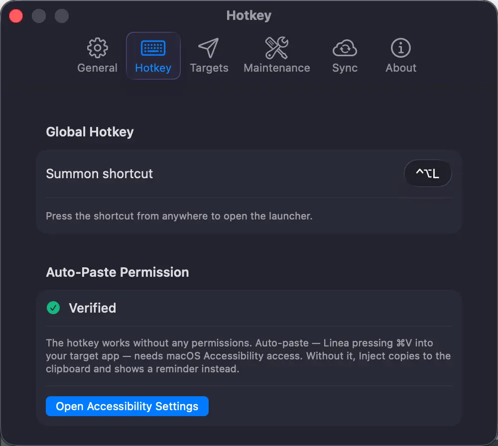 Settings · Hotkey — summon shortcut and the Auto-Paste permission model (dark appearance)