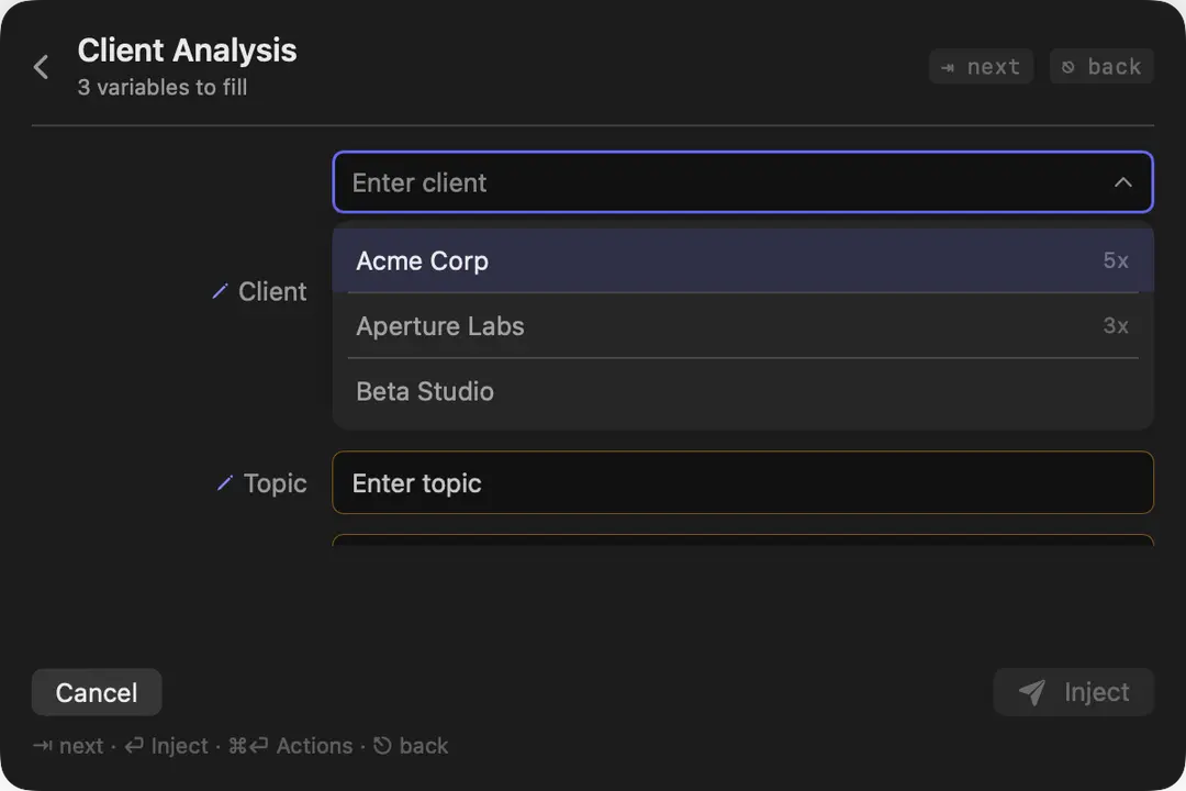 Saved variable values suggested with usage counts (dark appearance)