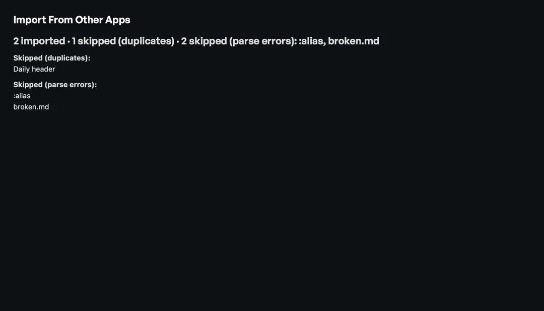 Import from Espanso, Alfred, Raycast, and Obsidian — import summary (dark appearance)