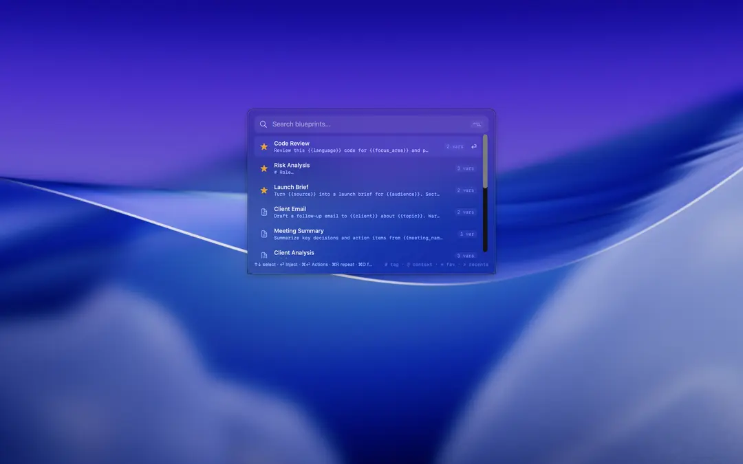 The launcher summoned over the desktop — search Blueprints, first result selected (dark appearance)