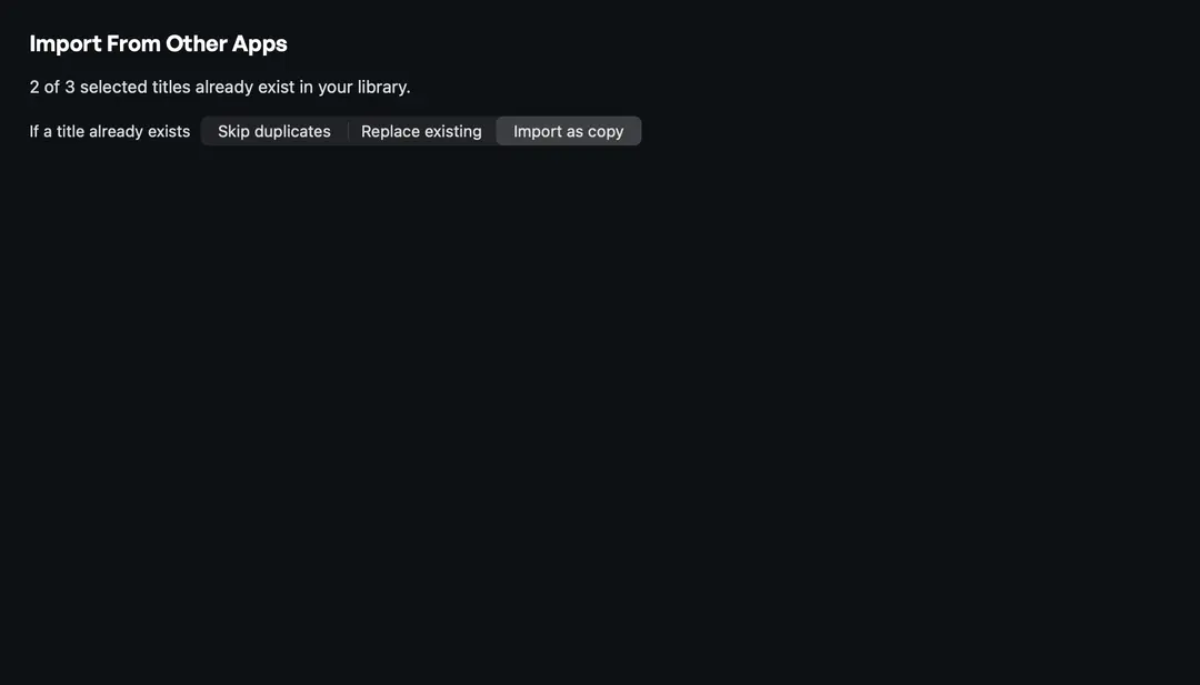 Import from Espanso, Alfred, Raycast, and Obsidian — duplicate handling (dark appearance)