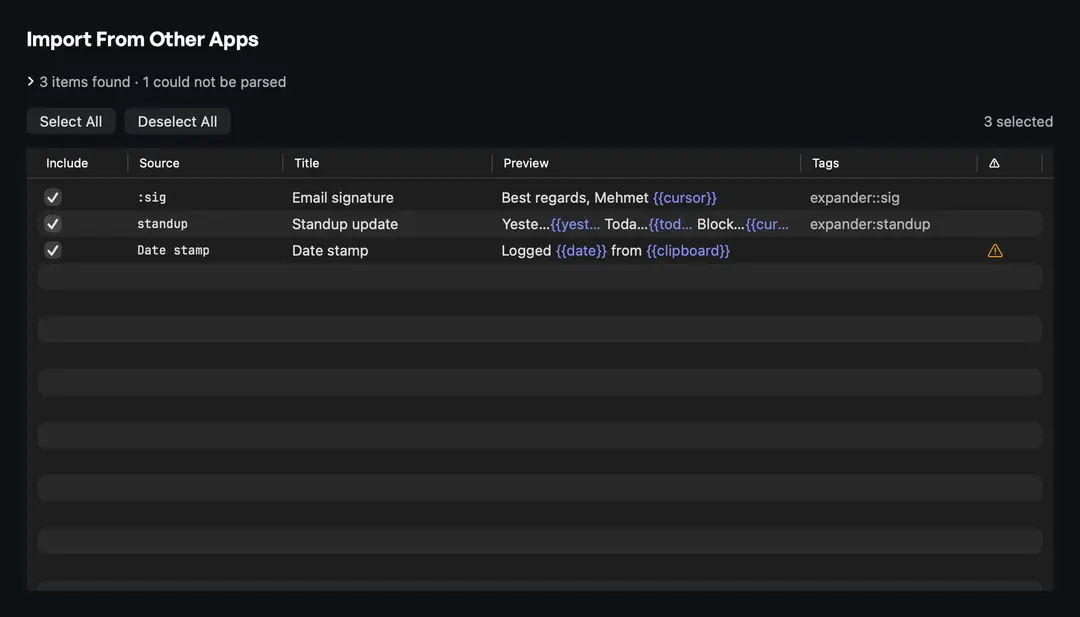 Import from Espanso, Alfred, Raycast, and Obsidian — preview what will import (dark appearance)