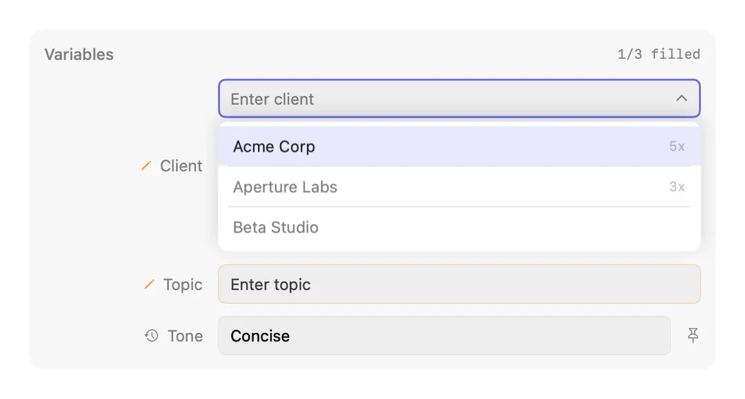 Docked variable form — saved-value dropdown open (light appearance)