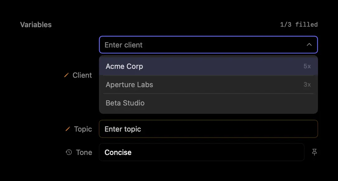 Docked variable form — saved-value dropdown open (dark appearance)