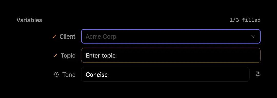 Docked variable form — ghost-text suggestion in a field (dark appearance)