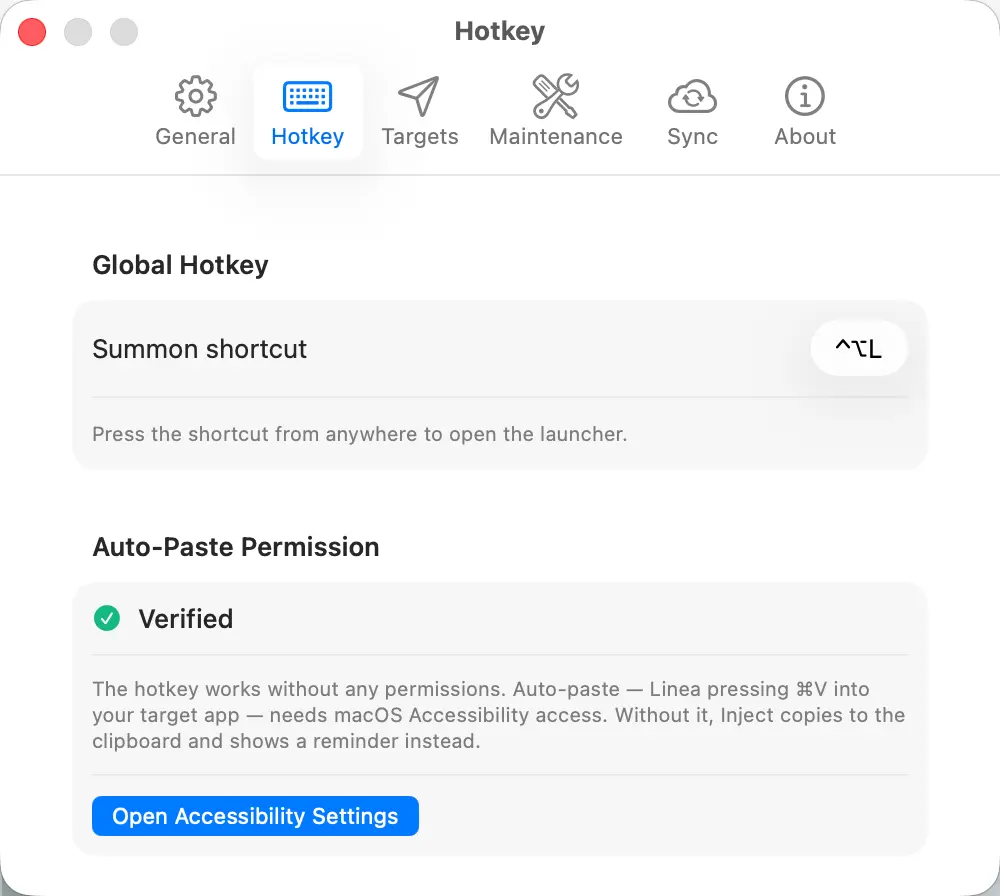Settings · Hotkey — summon shortcut and the Auto-Paste permission model (light appearance)