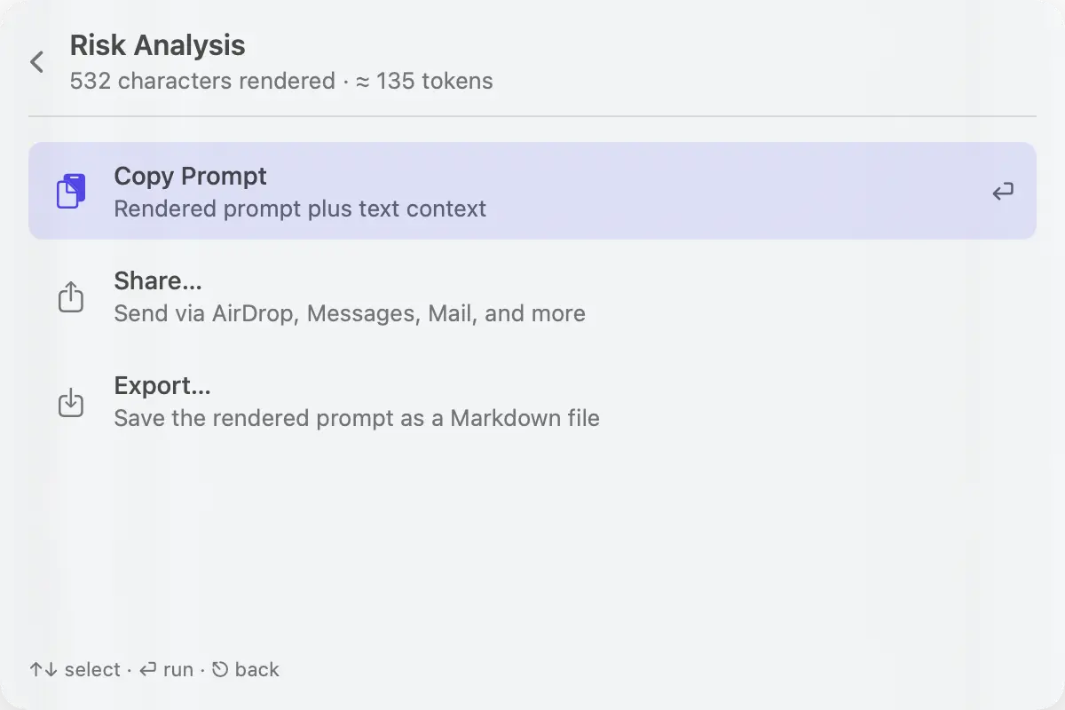 Blueprint actions — copy, share, or export the rendered prompt