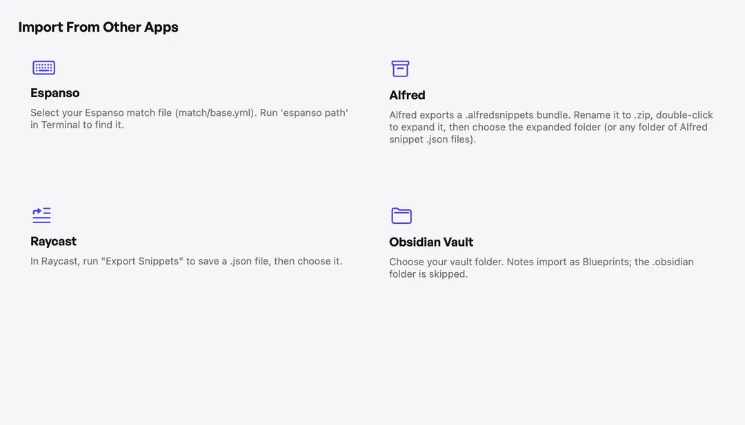 Import from Espanso, Alfred, Raycast, and Obsidian — choose a source (light appearance)