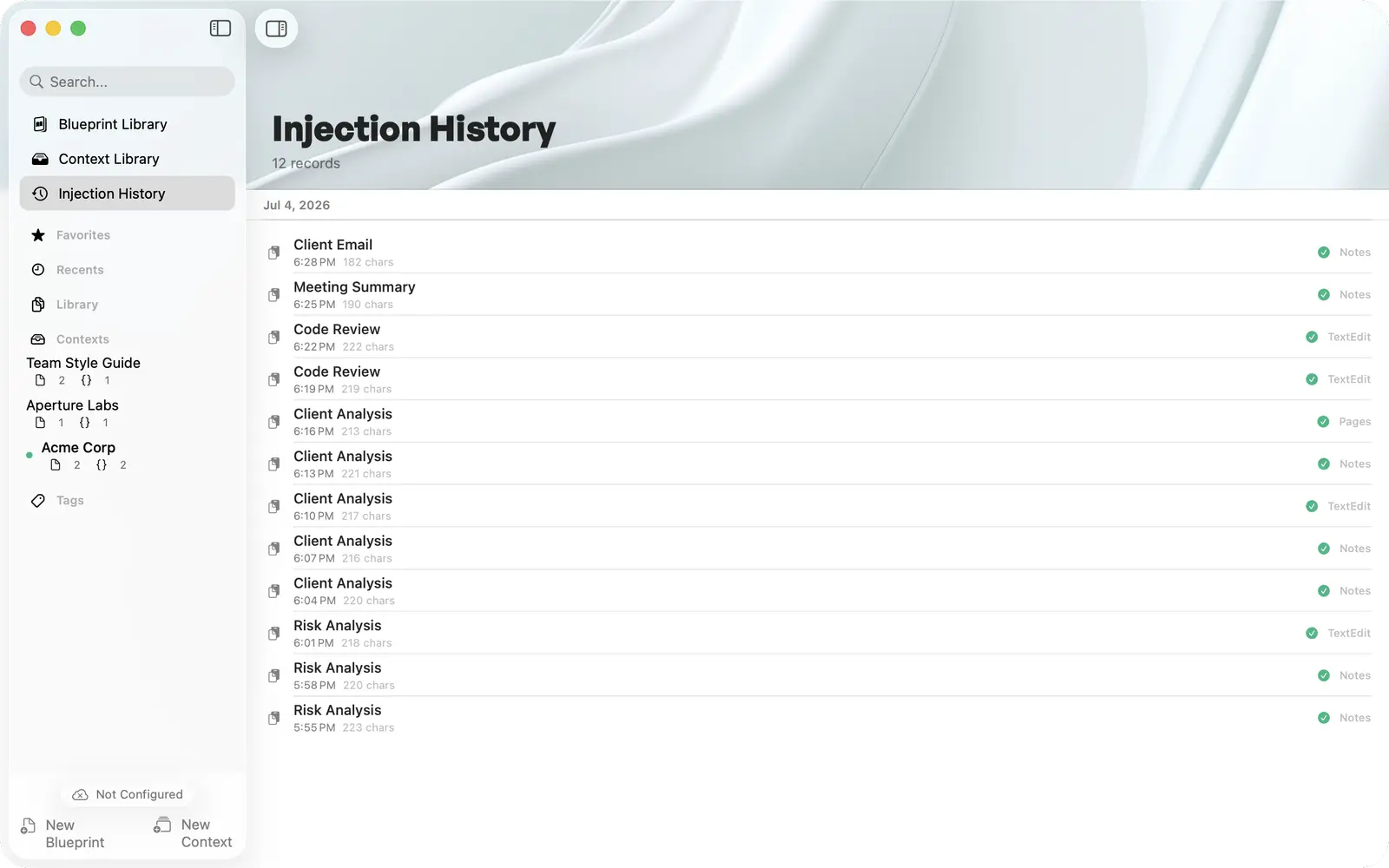 Injection History — every inject recorded with its target app
