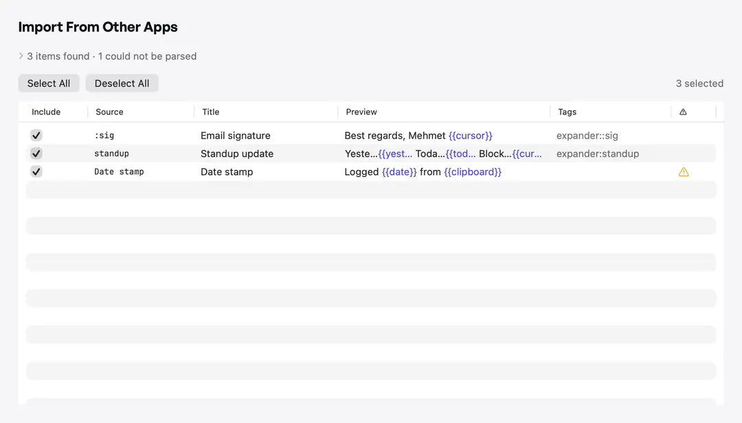 Import from Espanso, Alfred, Raycast, and Obsidian — preview what will import (light appearance)