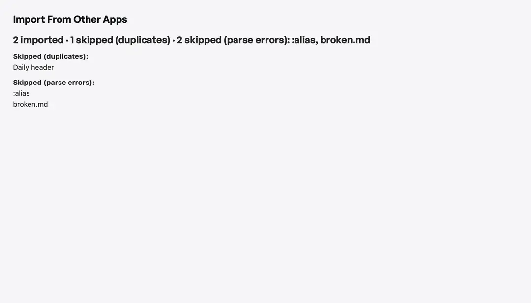 Import from Espanso, Alfred, Raycast, and Obsidian — import summary (light appearance)