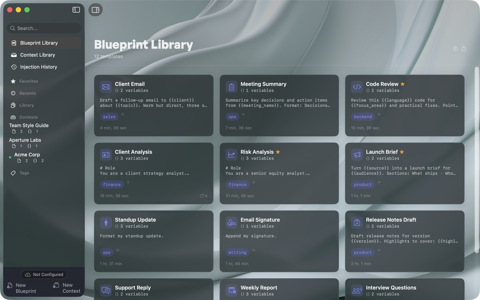 The Blueprint Library — reusable prompts with tags, variables, and favorites (dark appearance)