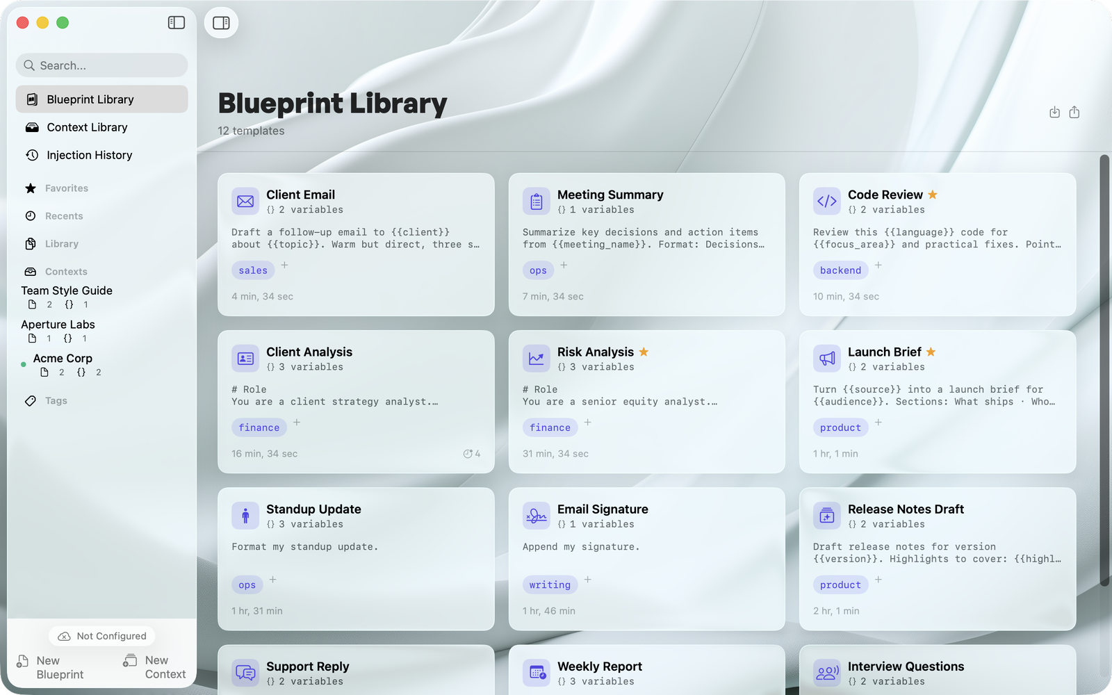 The Blueprint Library — reusable prompts with tags, variables, and favorites (light appearance)