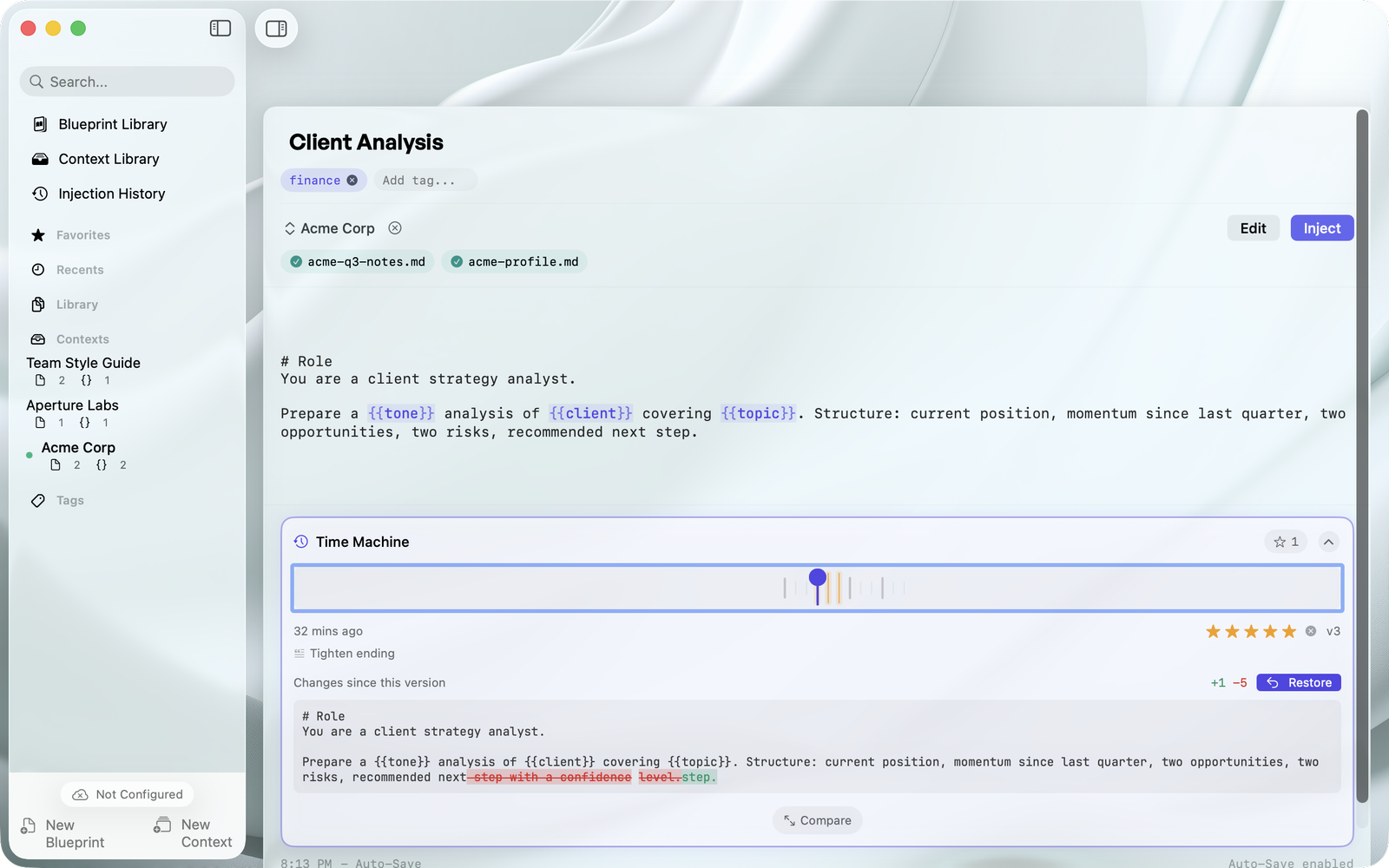 Time Machine — version history with ratings, diff, and restore